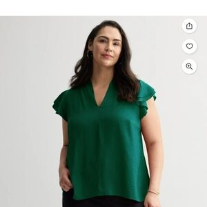 Nine West Flutter Sleeve Satin Blouse, Tiki Green, 1x